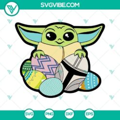 Baby Yoda holding Easter eggs, Mandalorian Easter SVG file design from Star Wars universe.