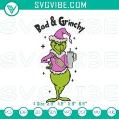 Embroidery file for Bad & Grinchy Christmas Stanley Tumbler with funny holiday pattern, great for festive DIY projects.