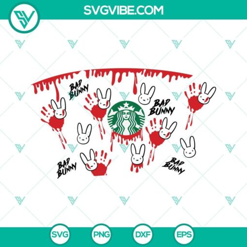 Bad Bunny Halloween Starbucks SVG features eerie hand with blood, ideal for Halloween crafts. Download SVG now!