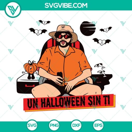 Bad Bunny Halloween SVG file featuring "Un Halloween Sin Ti" text, horror elements. Perfect for spooky decor, shirts, and more.
