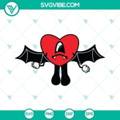Bad Bunny heart bat Halloween SVG design for Cricut, featuring PNG, DXF, and EPS files. Great for spooky crafts and decorations.
