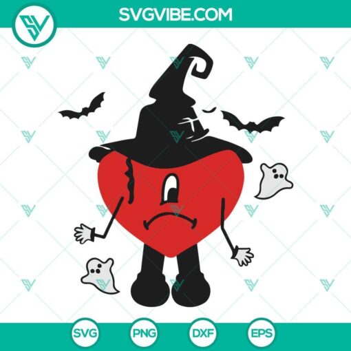 Bad Bunny Heart Witch Hat Halloween SVG designs for crafts and decorations, featuring cute and spooky elements.