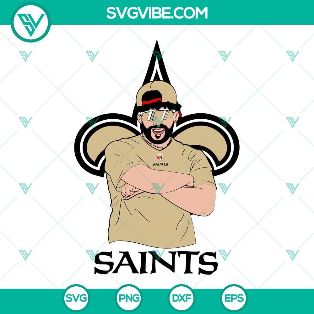 Bad Bunny New Orleans Saints SVG DXF EPS PNG Cricut Silhouette Vector Clipart Bad Bunny New Orleans Saints themed SVG, DXF, EPS, and PNG files for Cricut and Silhouette machines. Great for NFL and music fans.