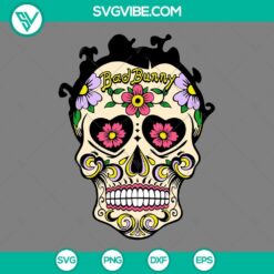 Bad Bunny sugar skull design, SVG file for Halloween crafts, PNG EPS DXF formats, trendy digital image.