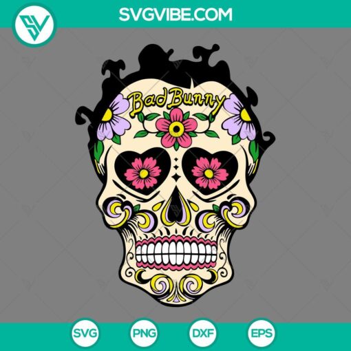 Bad Bunny sugar skull design, SVG file for Halloween crafts, PNG EPS DXF formats, trendy digital image.