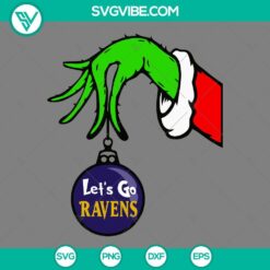 Baltimore Ravens Grinch hand holding ornament SVG for Christmas, unique Baltimore Ravens Christmas SVG file.