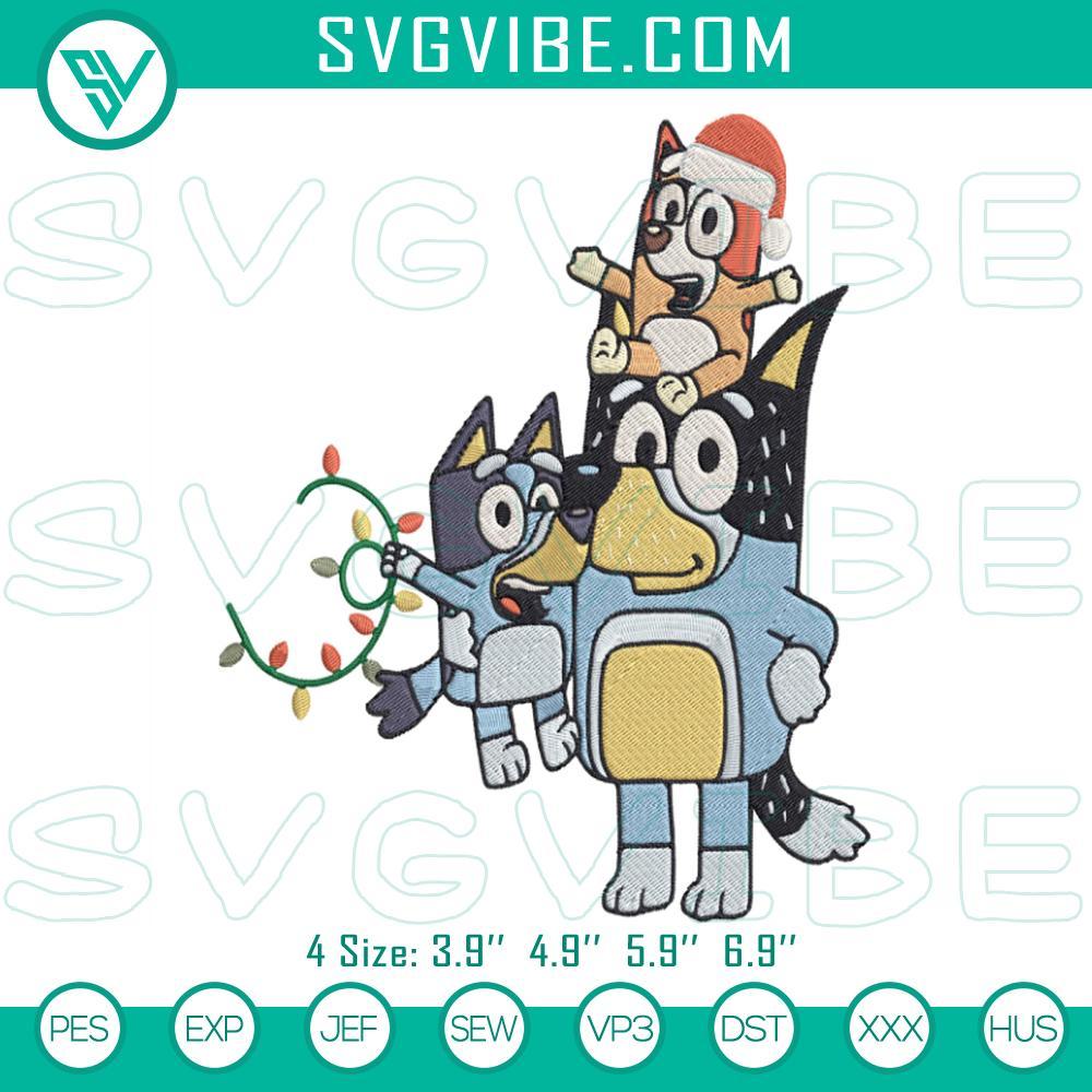Bandit Bluey And Bingo Christmas Lights Embroidery Design Files Bandit Bluey & Bingo Christmas Lights embroidery file, festive holiday design for digital projects.