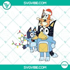 Bandit, Bluey, and Bingo celebrating Christmas in a PNG design file, perfect for download. Ideal for fans of Bluey cartoon.