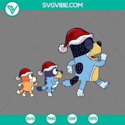 Bandit Heeler Bluey and Bingo Merry Christmas SVG featuring Bluey in Santa hat, SVG PNG EPS DXF files for download.