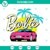 Barbie convertible car SVG image in pink, with baby doll, and 80s retro design.