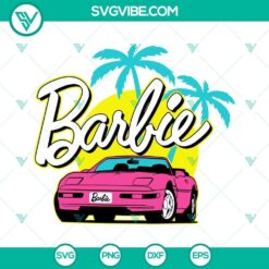 Barbie convertible car SVG image in pink, with baby doll, and 80s retro design.