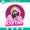 Barbie Ghostface and Pink Scream SVG files for Halloween craft projects. Scary doll faces in pink and white on digital design.