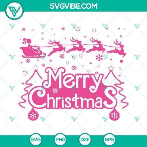 Barbie On Sleigh digital design with Merry Christmas SVG images in PNG, DXF, and EPS cut files for download.