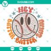 Retro baseball SVG with "Hey Batter Batter Swing" text, featuring a smiling baseball. Perfect for crafting projects.