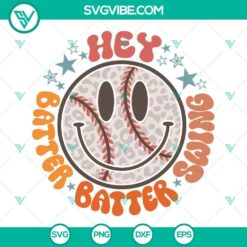 Retro baseball SVG with "Hey Batter Batter Swing" text, featuring a smiling baseball. Perfect for crafting projects.