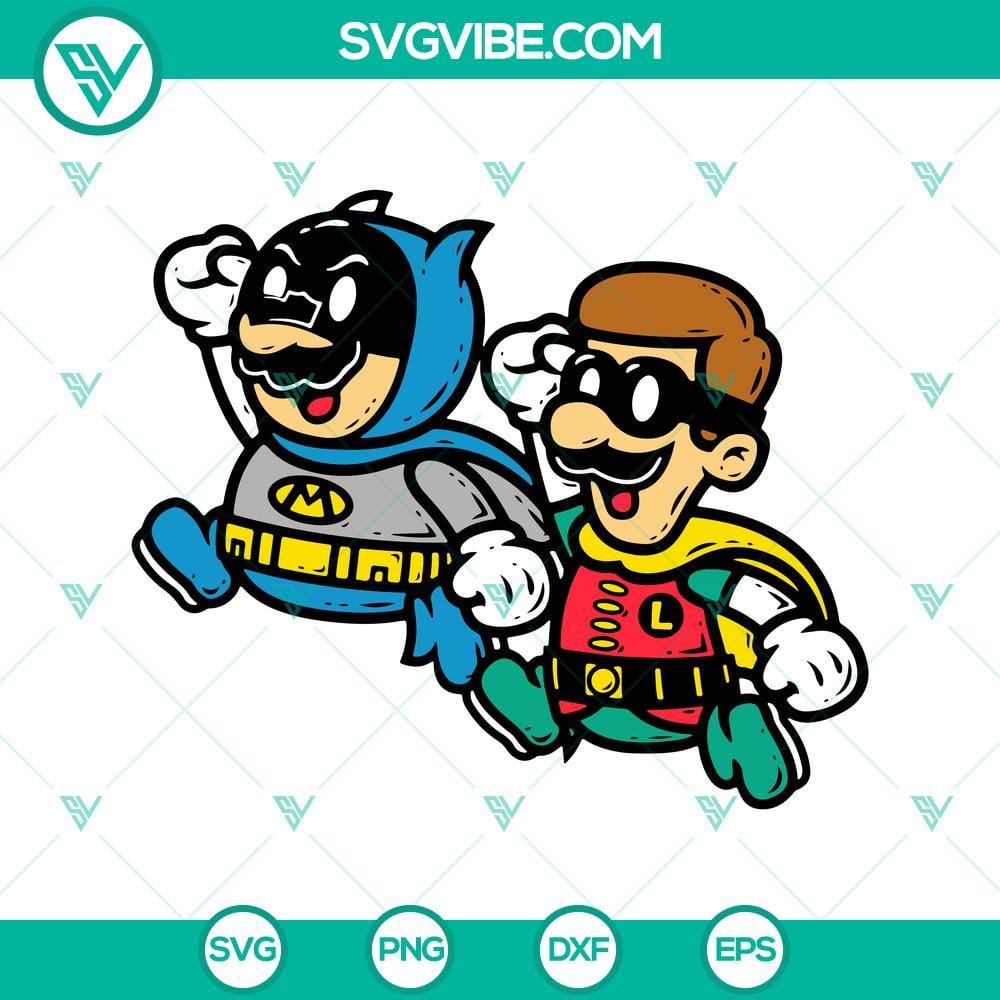 Batman And Robin Super Mario Brothers SVG PNG DXF EPS Batman and Robin themed Super Mario Brothers SVG images in PNG, DXF, and EPS file formats for digital crafting projects.