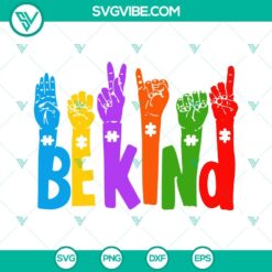 Be Kind sign language SVG with puzzle rainbow design for Autism Awareness, downloadable file.