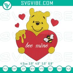 Bee Mine Winnie The Pooh Embroidery File, Valentine’s Pooh design with heart balloons, perfect for Valentine’s Day crafts and gifts.