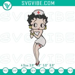 Betty Boop nurse embroidery design featuring classic cartoon character, stitch file for crafting projects.
