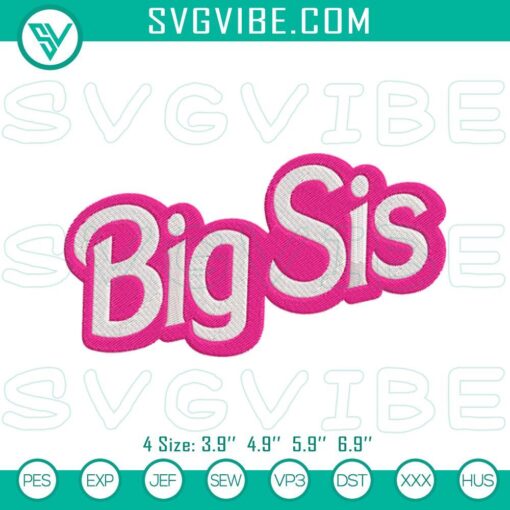 Big Sis Barbie logo embroidery design in pink for big sister machines, digital file. Ideal for crafting projects.