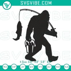 Funny Bigfoot fishing embroidery designs, perfect for outdoors enthusiasts.