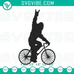 Bigfoot riding bike cycle embroidery design, humorous sasquatch pattern file for enthusiasts.
