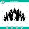 Bigfoot SVG design with pine tree forest background, Sasquatch SVG files in PNG, DXF, EPS formats for download.