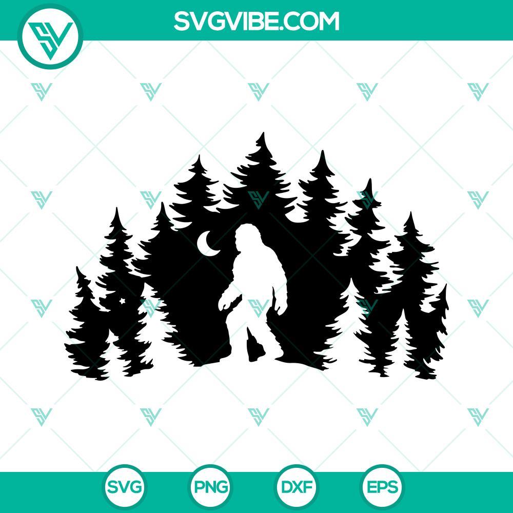 Bigfoot SVG, Pine Tree Forest SVG, Sasquatch SVG PNG DXF EPS Cricut Bigfoot SVG design with pine tree forest background, Sasquatch SVG files in PNG, DXF, EPS formats for download.