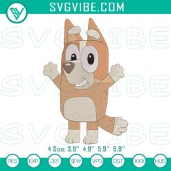 Bluey cartoon character embroidery file for bingo fans, cute and colorful design perfect for DIY projects.