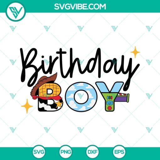 Toy Story themed Birthday Boy SVG bundle with images of Woody and Buzz Lightyear, for instant download.