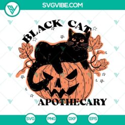 Black Cat Apothecary Halloween SVG images with pumpkin design, ideal for SVG PNG DXF files.