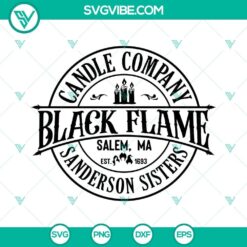 Black Flame Candle and Sanderson Sisters SVG images for cutting machines, including PNG, DXF, and EPS files for Halloween crafts.
