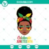 Juneteenth SVG download with a black girl celebrating, featuring a black woman with a messy bun hairstyle. Great for Juneteenth crafts.
