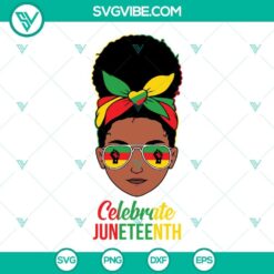 Juneteenth SVG download with a black girl celebrating, featuring a black woman with a messy bun hairstyle. Great for Juneteenth crafts.