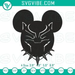 Black Panther themed Mickey ears embroidery designs with Wakanda Forever Disney file, ideal for cosplay and Disney fans.