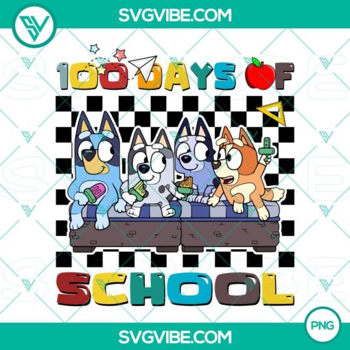 Bluey 100 Days of School PNG featuring a cute 100th day shirt design for kids. High-quality PNG download.
