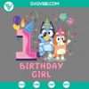 Bluey and Bingo 1st birthday girl SVG featuring Bluey and Bingo characters for instant download in PNG, DXF, EPS formats. Perfect for birthday crafts.