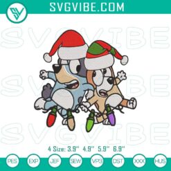 Bluey & Bingo Christmas Lights Embroidery File - Festive holiday embroidery design with the cartoon characters Bluey and Bingo surrounded by colorful Christmas lights.