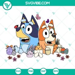 Bluey and Bingo Easter Eggs SVG download, adorable Bluey and Bingo sitting, Easter Day SVG files with blue theme.