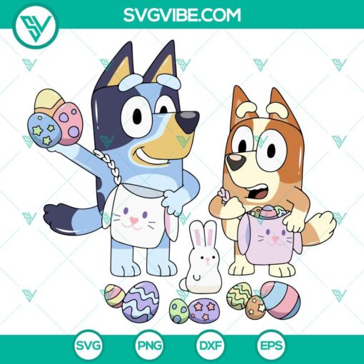Bluey and Bingo Easter Eggs SVG images with Easter Bunny Bluey character, perfect for Easter crafting projects.