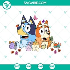 Bluey and Bingo Easter SVG images featuring Australian Heeler cartoon characters celebrating Easter, ideal for digital projects.