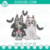 Bluey and Bingo Halloween embroidery design with trick or treat file, featuring cute characters in costumes for spooky decor.