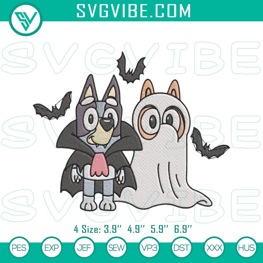 Bluey And Bingo Halloween Embroidery Design Files Bluey and Bingo Halloween embroidery design with trick or treat file, featuring cute characters in costumes for spooky decor.