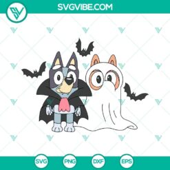 Bluey and Bingo Halloween SVG files featuring Bingo Ghost and Bluey Vampire designs for crafts and decorations.