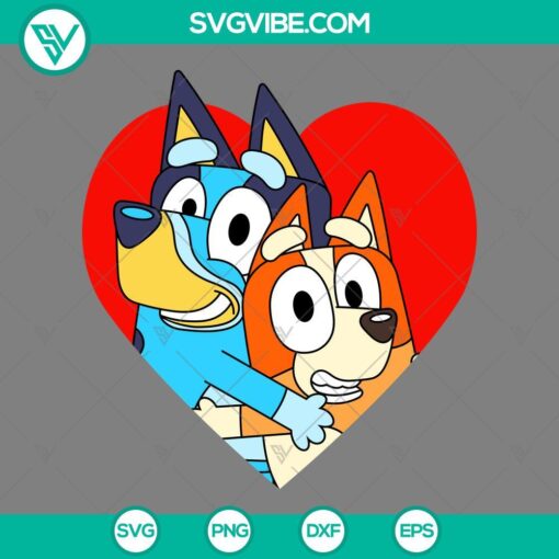 Bluey and Bingo hugging heart SVG featuring Bluey Valentine and love theme. Cute design for Valentine's Day projects.