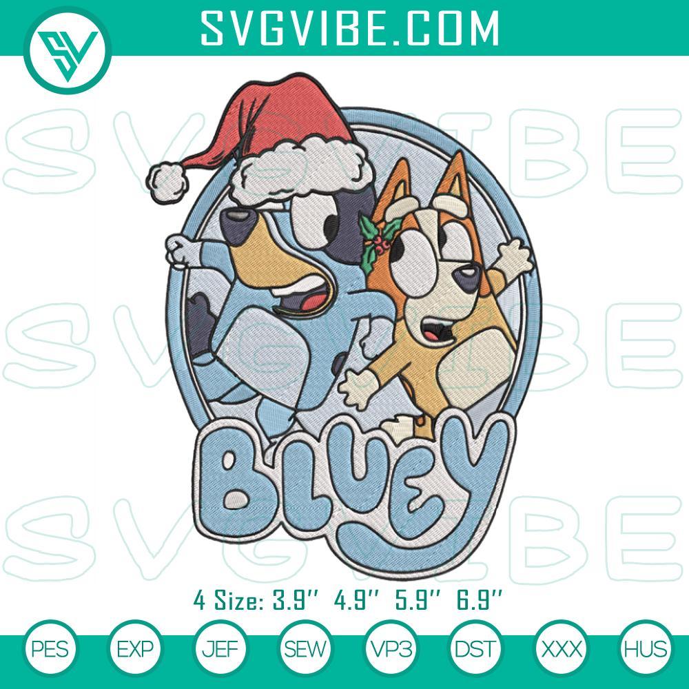 Bluey And Bingo Merry Christmas Embroidery Design Files Bluey & Bingo Christmas embroidery file featuring Festive Bluey pattern for holiday projects.