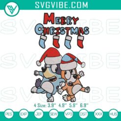 Bluey and Bingo Merry Christmas embroidery file featuring festive Xmas design. Perfect for holiday craft projects.