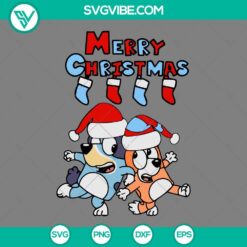 Bluey and Bingo in Santa hat SVG file for Christmas, PNG EPS DXF. Joyful design with Bluey character in festive attire.