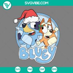 Bluey and Bingo Merry Christmas SVG files, cute puppies in Santa hats with holiday decorations and text, perfect for crafts and digital projects.