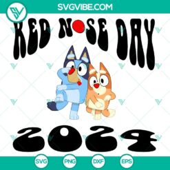 Bluey and Bingo Red Nose Day 2024 SVG file with cheerful cartoon characters for DIY crafts and designs.